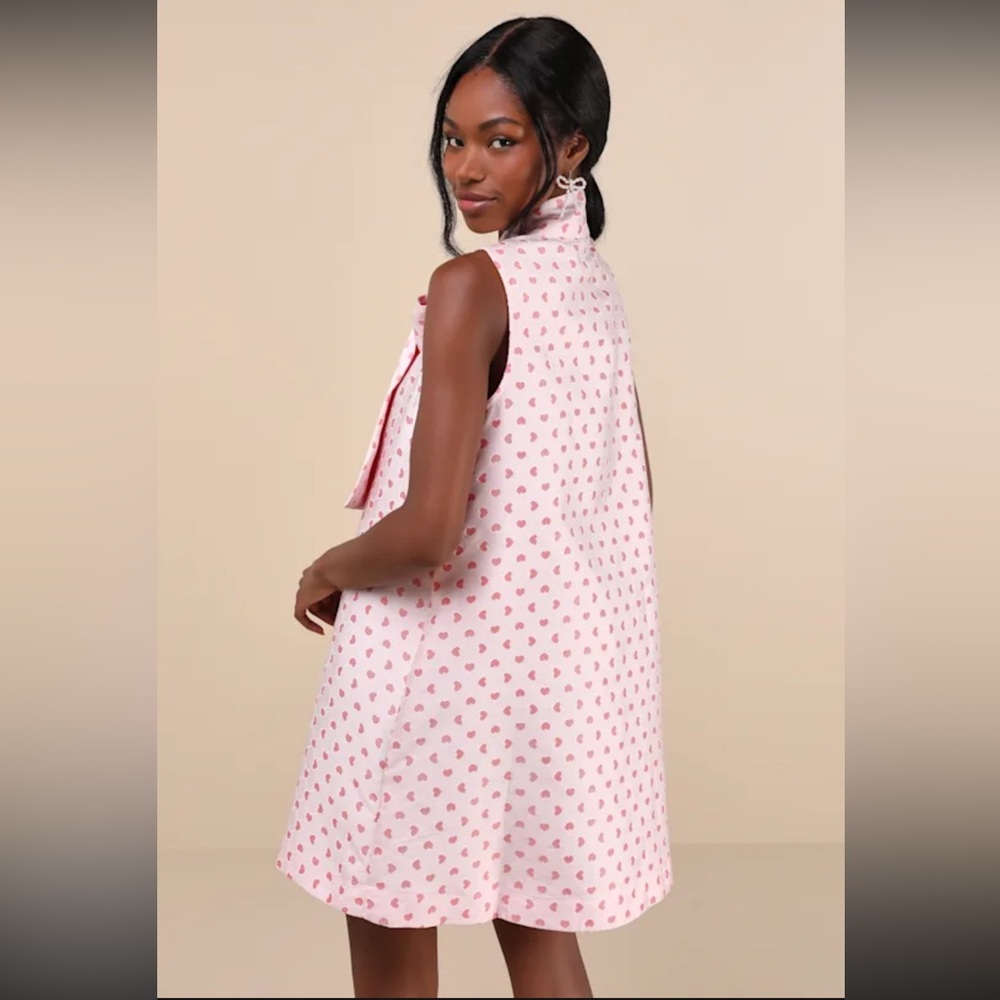 Sister Jane Canter Pink Heart Jacquard Tie Neck Button Front Bow Mini Dress - Picture 4 of 5